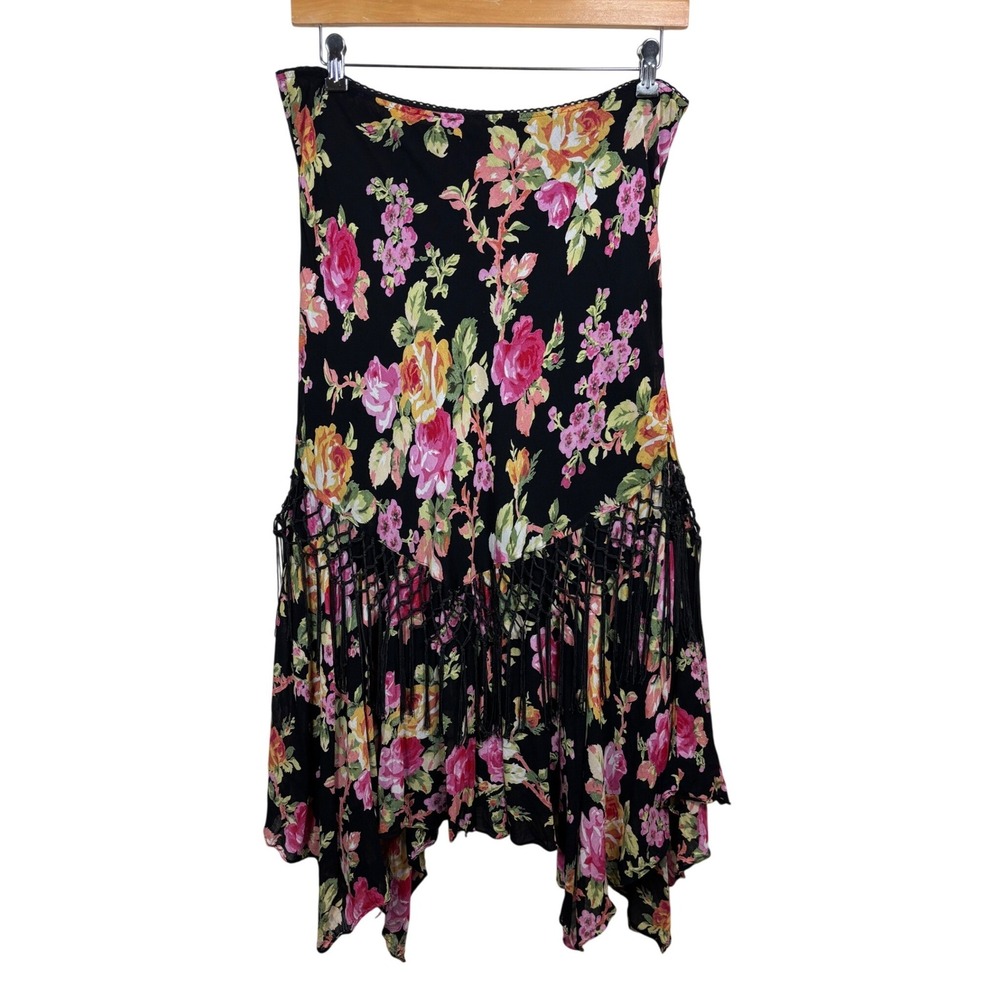 Vintage Black Floral Fringe Handkerchief Hem Midi Skirt Sz L Boho Whimsigoth Y2K
